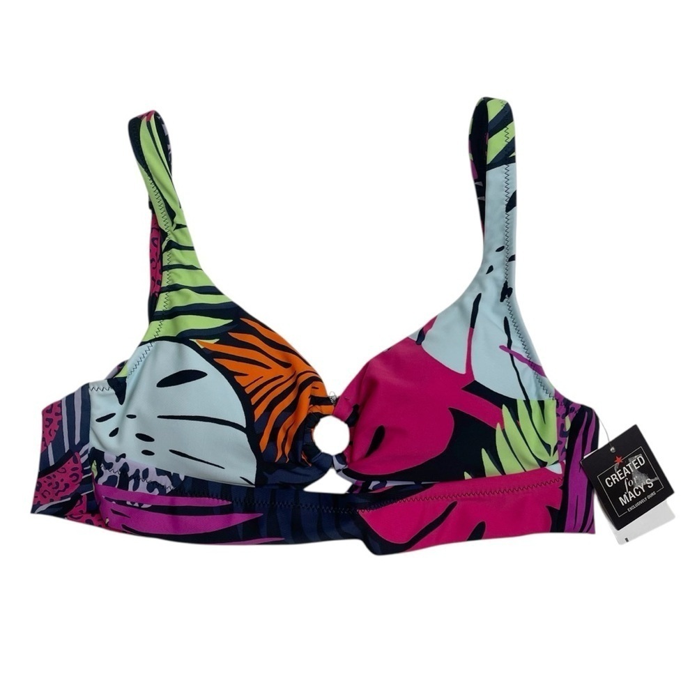 Bar III Palm Prowl O-Ring Bikini Top Black Animal Leaf Print XS New
